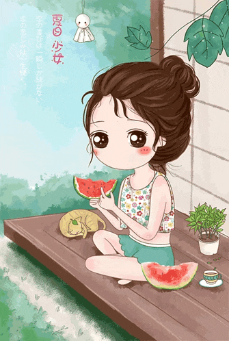a girl in a bikini is eating a watermelon