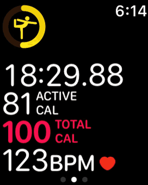 a clock displays the time of 18:29.88 and the total calories of 100