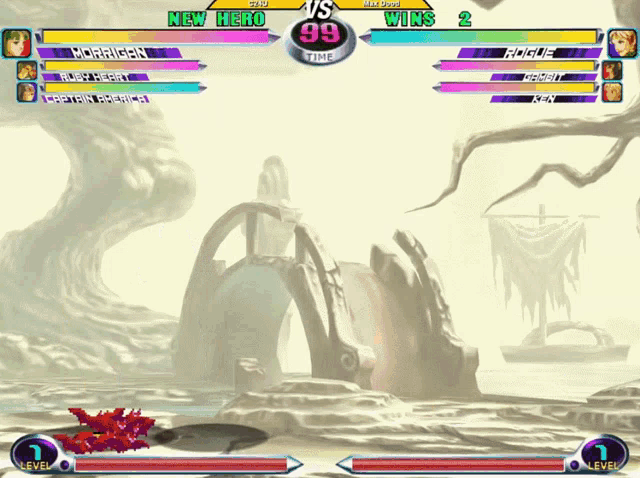 a screenshot of a video game showing morrigan vs. rogue