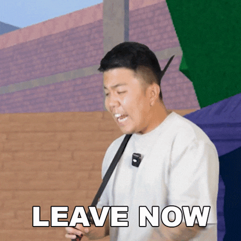a man holding an umbrella says " leave now " in white letters