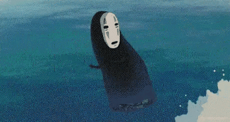 a cartoon character without a face is floating in the air over the ocean .