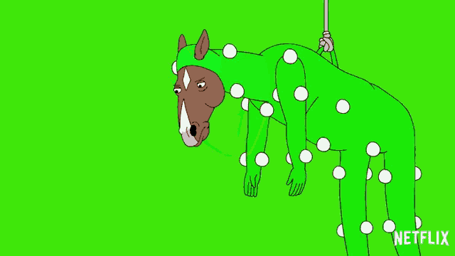 a cartoon of a horse wearing a green suit with white dots