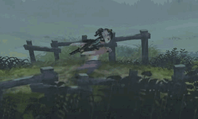 a cartoon character is running in the rain with a sword