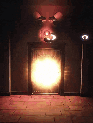 a room with a door that is lit up with a red light