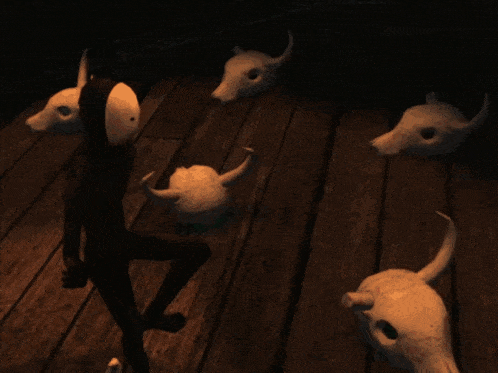 a person wearing a mask is standing in front of a bunch of skulls