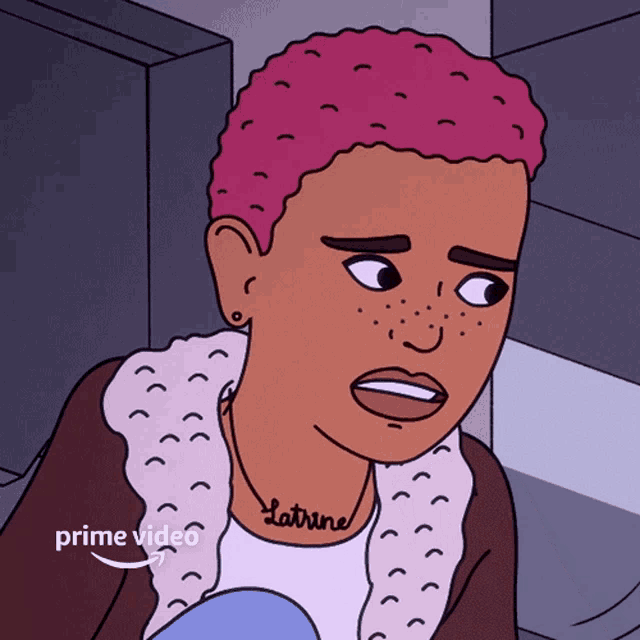 a cartoon of a woman with pink hair and the name latrine on her chest