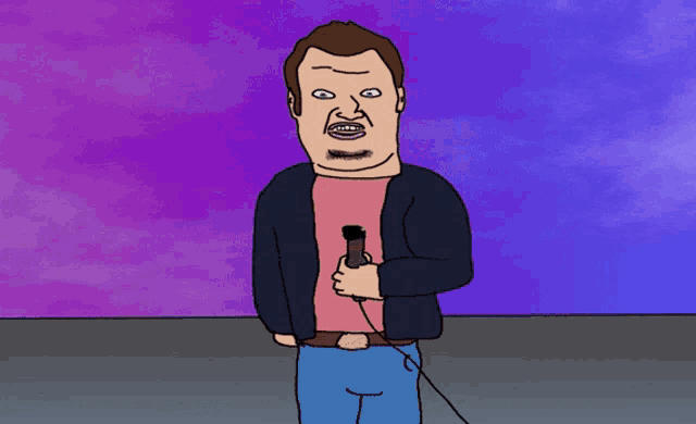 a cartoon of a man holding a microphone in his hand