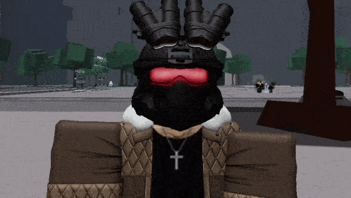 a person wearing a helmet and goggles has a cross on their neck
