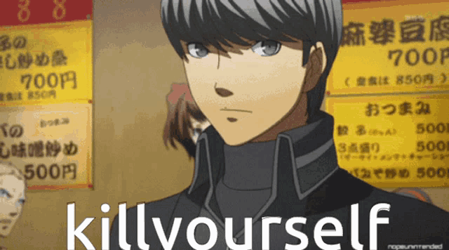 a man stands in front of a sign that says killyourself