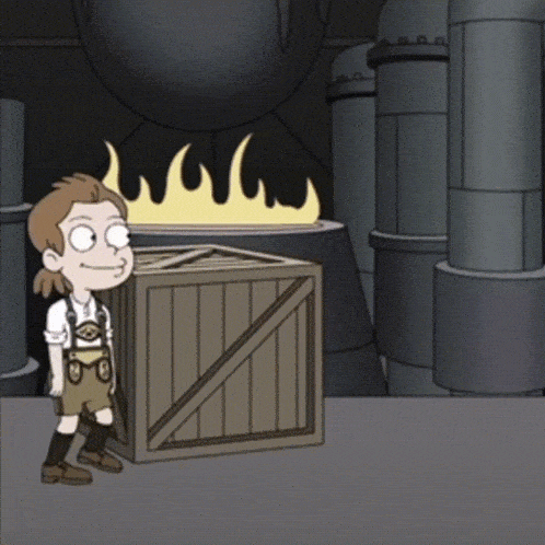 a cartoon of a boy standing next to a wooden box with a fire in the background