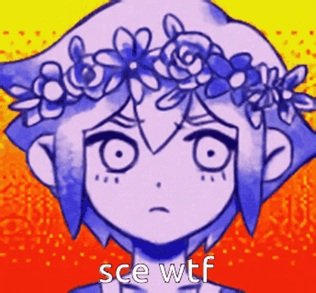 a drawing of a girl with flowers on her head and the words sce wtf