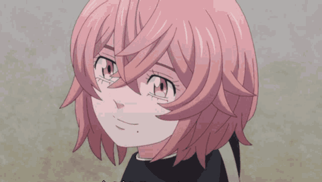 a close up of a pink haired anime character with a black shirt