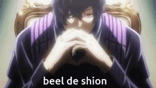 a man is sitting in a chair with his hands folded in front of him and the words beel de shion .