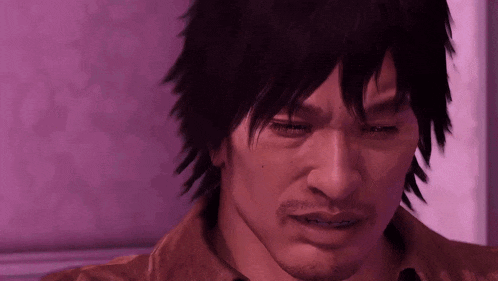 a close up of a man 's face in a video game with a purple background .