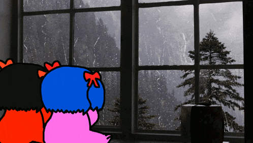 a cartoon of two girls looking out a window at a snowy mountain