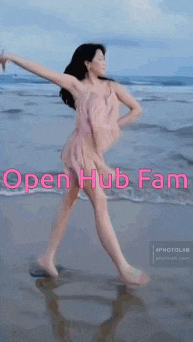 a woman in a pink dress is dancing on a beach with the words open hub fam written above her
