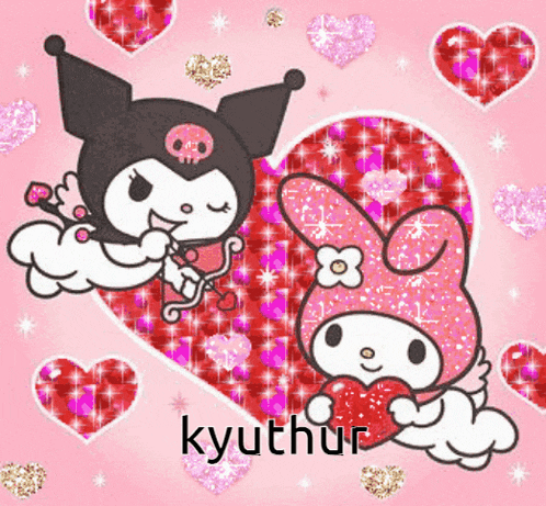 a picture of kuromi and my melody with hearts and the name kyuthur on the bottom