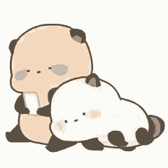 two panda bears are sitting next to each other . one is holding a cell phone .