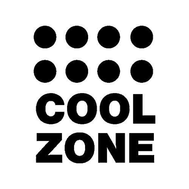 the cool zone logo is a black and white logo with circles and the words cool zone in white letters .