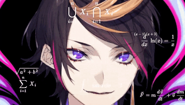 a girl with purple eyes is surrounded by mathematical symbols