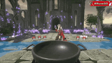 a video game screen shows a woman standing in front of a castle and a sign that says #ruze3d