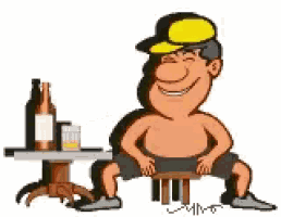 a shirtless man is sitting at a table with a bottle of whiskey and a glass of whiskey .