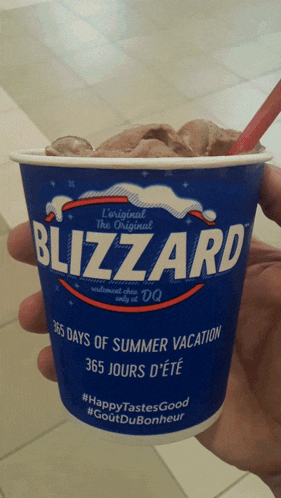 a cup of blizzard ice cream is being held in someone 's hand