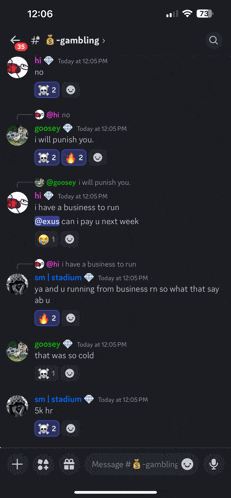 a screenshot of a discord conversation with gambling written at the top