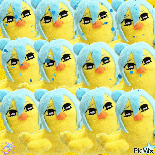 a bunch of stuffed yellow ducks with blue hair are lined up