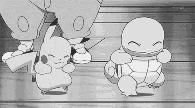 a black and white drawing of a pikachu and squirtle standing next to each other on a wooden floor .