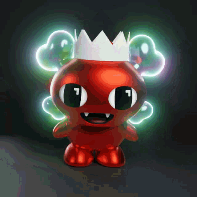 a red cartoon character with a white crown on top