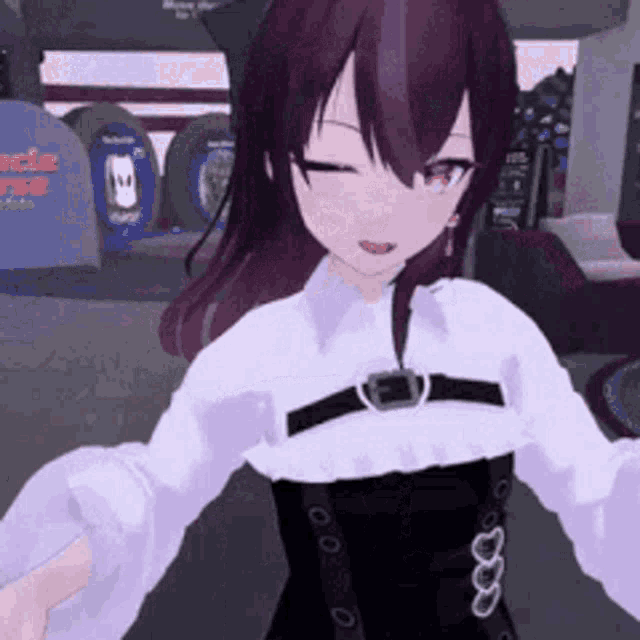 a girl with purple hair is wearing a white shirt and black corset