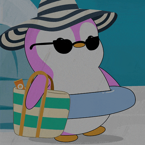 a penguin wearing a hat and sunglasses is holding a bag