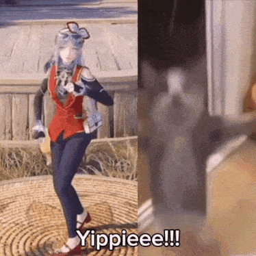 a woman is dancing next to a cat that says yippiee .