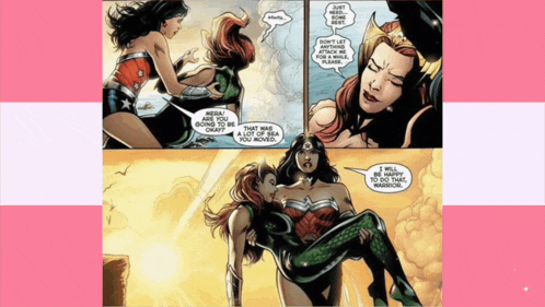 a comic book page shows wonder woman carrying mera in her arms