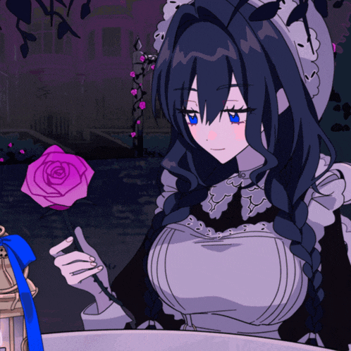 a girl with blue eyes is holding a pink rose in her hand