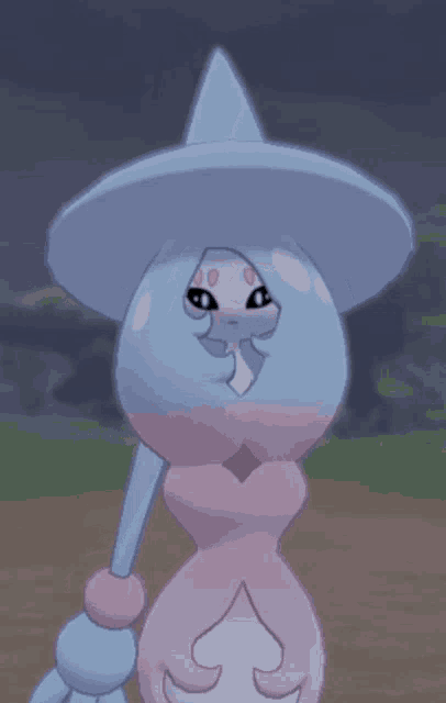 a blue and pink cartoon character with a witch hat