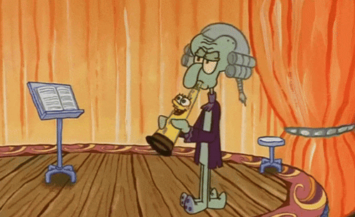 squidward from spongebob squarepants is holding a trumpet in his hand