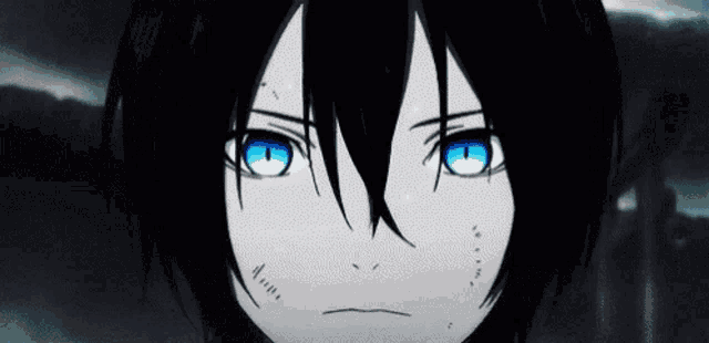 a close up of a anime character with blue eyes and black hair .