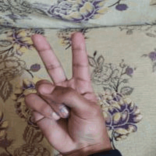 a person is making a peace sign with their fingers on a floral background .
