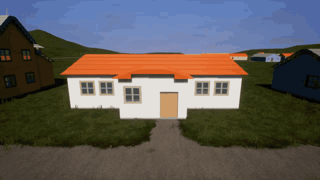 a white house with an orange roof is surrounded by houses