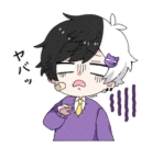 a cartoon character with black and white hair is wearing a purple shirt and tie and making a funny face .
