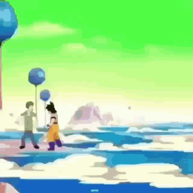a couple of cartoon characters standing next to each other on top of a cloud covered island .