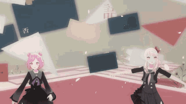 two anime girls are dancing in front of a wall with chinese characters on it