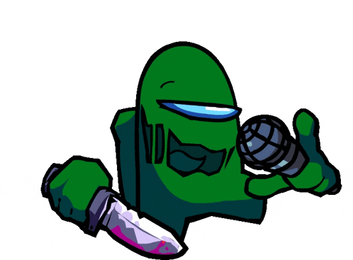 a green among us character is holding a bloody knife and a microphone .