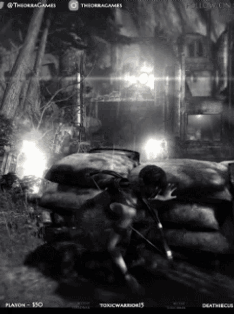 a black and white photo of a video game with the words follow on at the bottom