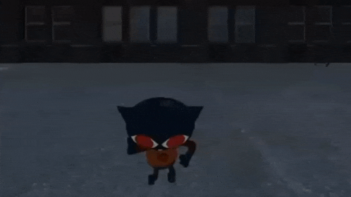 a cartoon cat with red eyes is standing in front of a building .