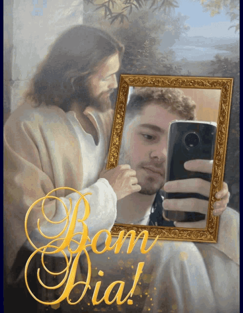 a painting of jesus taking a selfie with the words bom dia