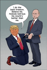 a cartoon of donald trump kneeling down next to putin