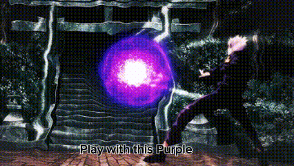 a person is standing in front of a purple sphere with the words `` play with this purple '' written on the bottom .